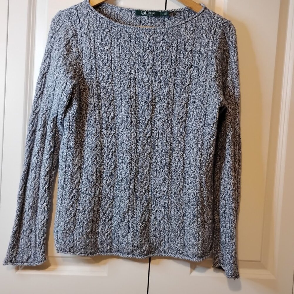 Lauren Ralph Lauren Women's navy Long-Sleeve Cable-Knit Boat Neck Sweater Size L